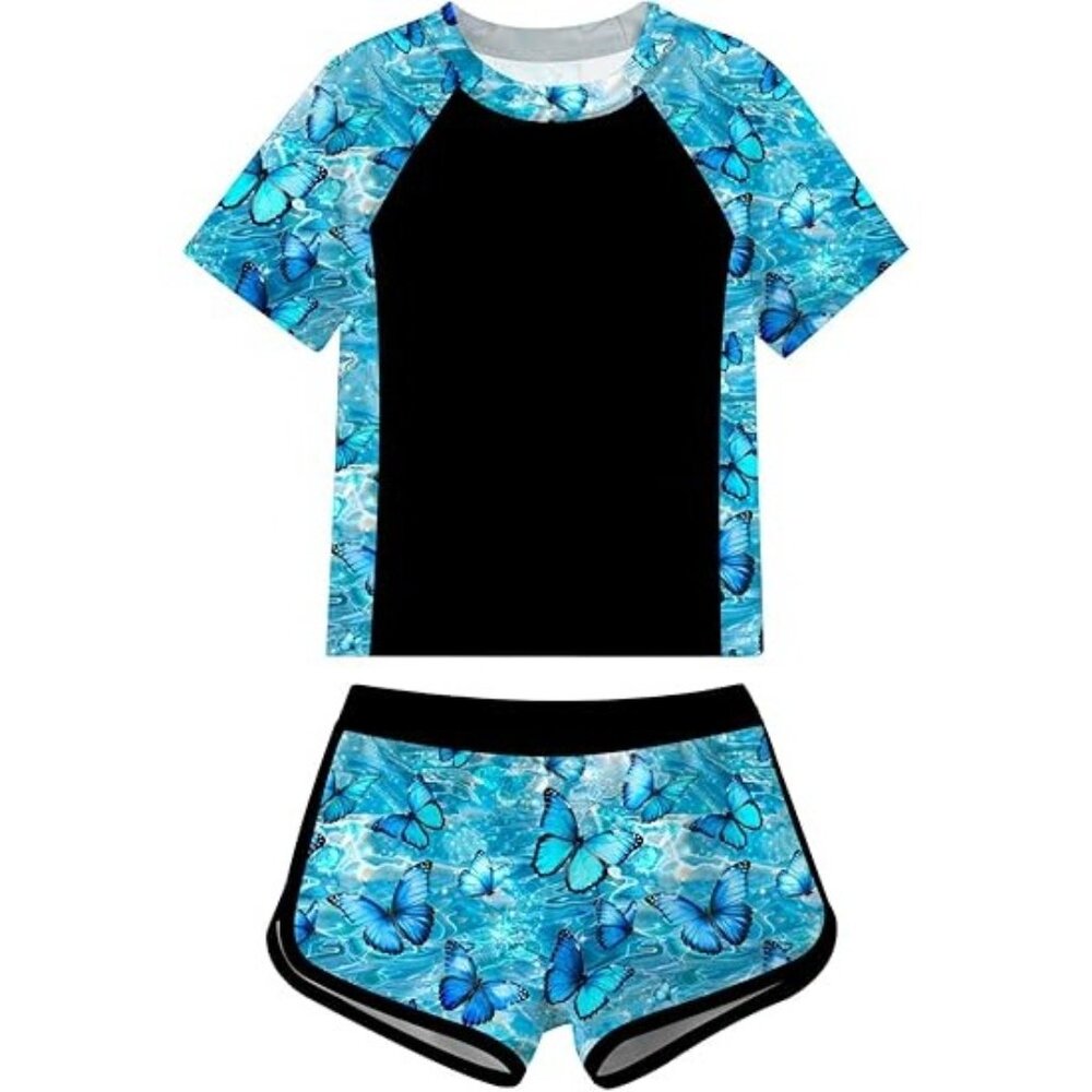 Girls Butterfly Print Two-Piece Short sleeve Rash Guard Swim Shorts Set 14T